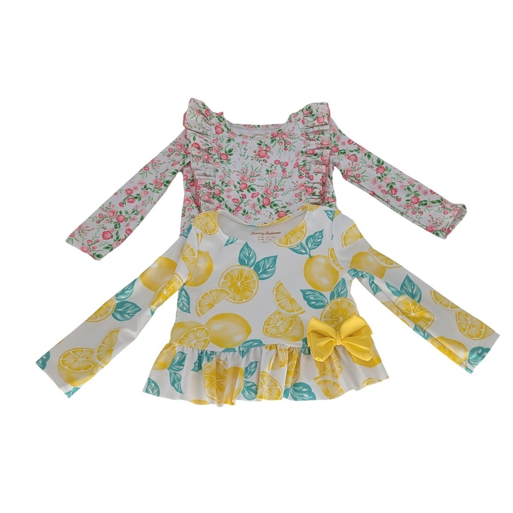 Lot of 2 Rash Guards Toddler Girl 18M Yellow Pink Floral Lemon Swim Cottage Cute